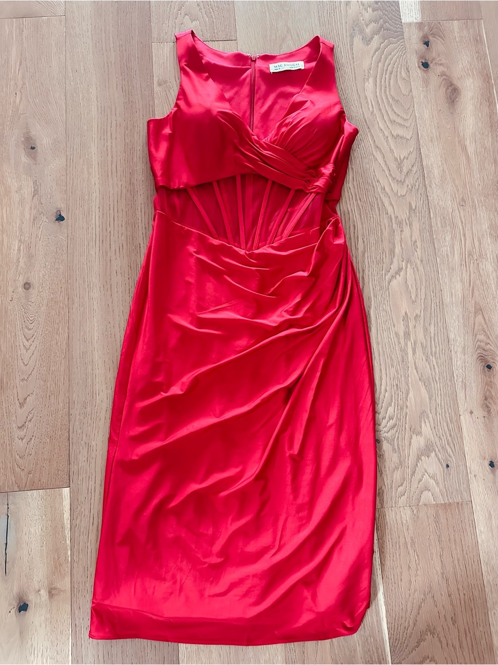Mac Duggal Red Sleeveless Cutout Midi Dress, Size 10